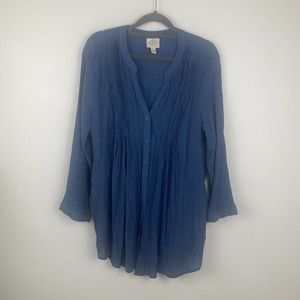 ST John's Bay Button Up Blouse Size XL Color Blue 3/4 Sleeves pleated